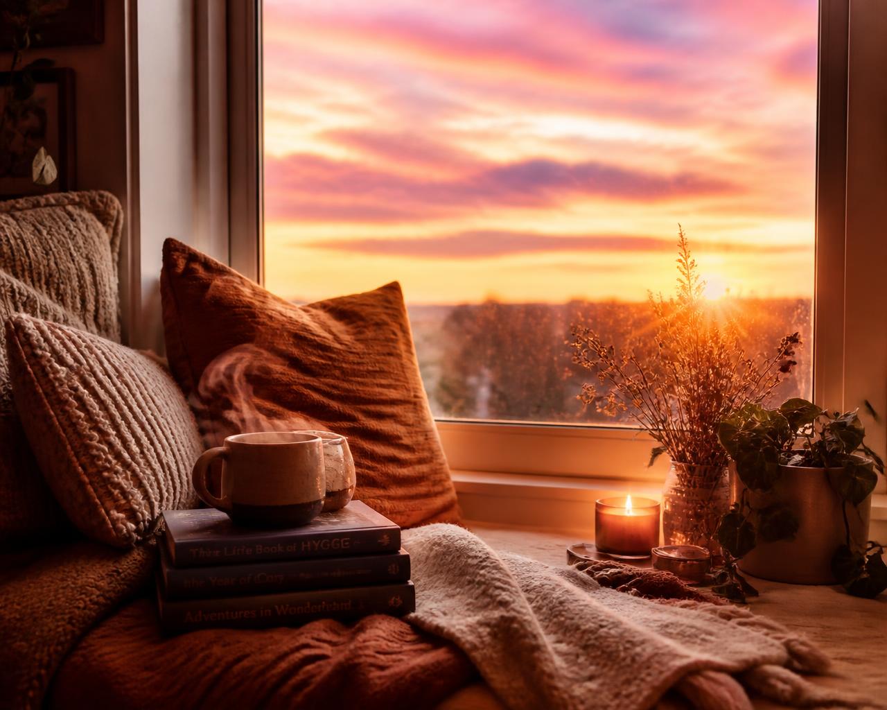 A cushioned window nook at sunset with a stack of books, a warm mug, a lit candle and plants